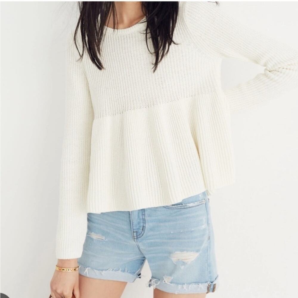 Madewell white cream knit babydoll peplum sweater